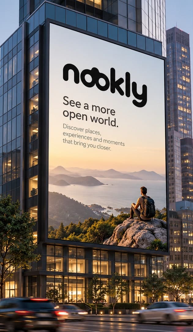 Gün batımında cam bir kulenin cephesinde “See a more open world.” yazan Nookly reklam panosu